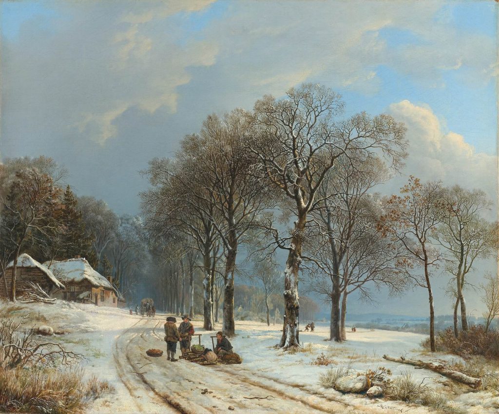 Winter scenario painting with snowy landscape.